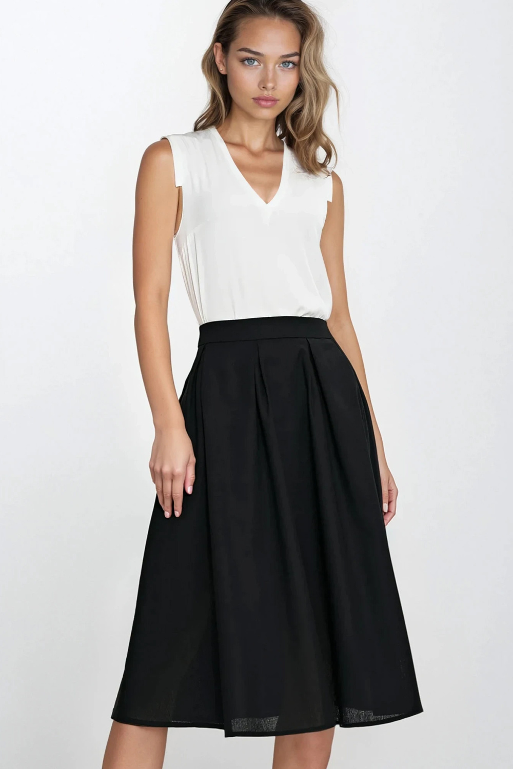 Spódnica midi z rayonu z zakładkami SP82 Black - Nife