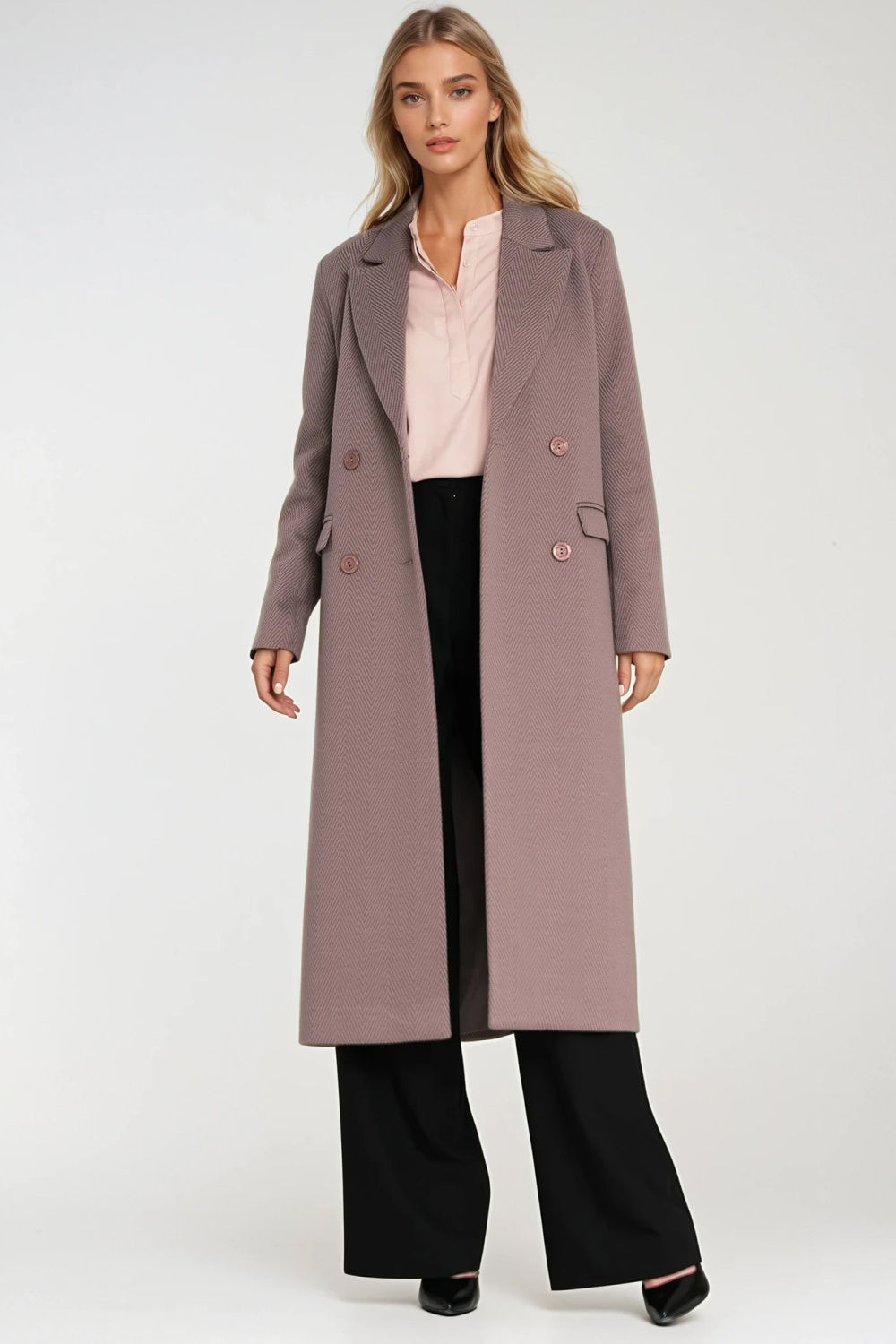 Elegancki płaszcz dwurzędowy PL25 Beige - Nife