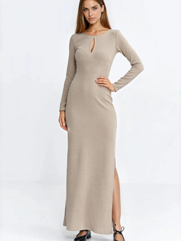 Sukienka maxi z łezką na dekolcie S283 Beige - Nife