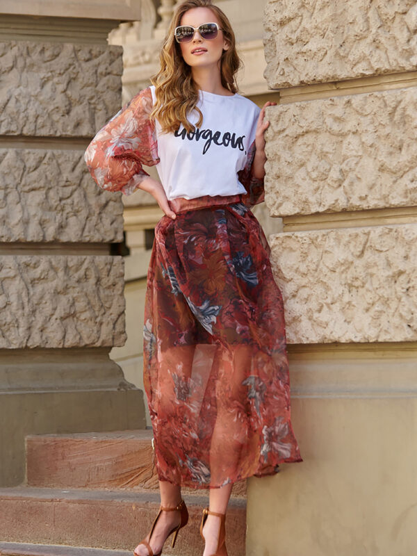 Spódnica Model L19 Bordo Flowers - Makadamia